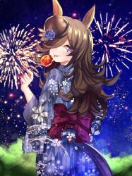 Rule 34 | 1girl, :p, absurdres, aerial fireworks, animal ears, black kimono, blue flower, blue rose, bow, brown hair, brown hat, candy apple, closed mouth, commentary request, fireworks, floral print, flower, food, from behind, hair over one eye, hat, hat flower, highres, holding, holding food, horse ears, horse girl, horse tail, japanese clothes, kimono, long hair, looking at viewer, looking back, night, night sky, outdoors, print kimono, purple bow, purple eyes, rice shower (umamusume), rose, setu (shining12), sky, smile, solo, tail, tilted headwear, tongue, tongue out, umamusume, very long hair, yagasuri