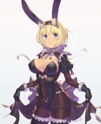 Rule 34 | 1girl, :&gt;, animal ears, black gloves, blonde hair, blue eyes, blush, breasts, cleavage, clothes lift, dress, dress lift, etrian odyssey, fake animal ears, gloves, highres, juliet sleeves, long sleeves, phalanx (sekaiju), playboy bunny, puffy sleeves, rabbit ears, sekaiju no meikyuu, sekaiju no meikyuu 3, short hair, signature, simple background, smile, solo, takamine nadare, white background