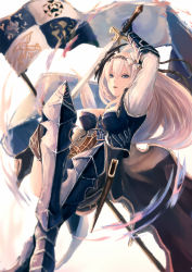 Rule 34 | 10s, 1girl, ahoge, arm up, armor, armored dress, belt, blonde hair, blue eyes, blurry, breasts, cleavage, d:, d:&lt;, depth of field, dress, flag, flower, gauntlets, granblue fantasy, hair between eyes, hair flower, hair ornament, hairband, highres, holding, holding sword, holding weapon, jeanne d&#039;arc (granblue fantasy), lily (flower), long hair, long sleeves, open mouth, pip (red juice1869), purple dress, sheath, simple background, solo, sword, thigh strap, unsheathed, v-shaped eyebrows, weapon, white background