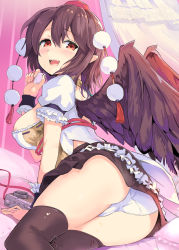 Rule 34 | 1girl, ass, backless outfit, bed sheet, black skirt, black thighhighs, black wings, blush, breasts, brown hair, camera, condom, condom wrapper, feathered wings, hair between eyes, hat, large breasts, looking at viewer, miniskirt, on bed, open mouth, panties, pom pom (clothes), puffy short sleeves, puffy sleeves, puuakachan, red eyes, shameimaru aya, shirt, short sleeves, sitting, skirt, smile, solo, sweat, thighhighs, tokin hat, touhou, underwear, white panties, white shirt, wings, wrist cuffs