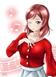 Rule 34 | 1girl, artist name, artist request, blush, breasts, buttons, cleavage, collarbone, female focus, hair between eyes, highres, long sleeves, looking at viewer, love live!, love live! school idol project, musical note, nail polish, nails, nishikino maki, one eye closed, parted lips, purple eyes, red hair, red nails, red shirt, shirt, short hair, skirt, small breasts, smile, solo, wa-wa, white background, white skirt