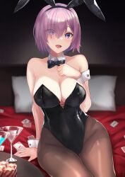 Rule 34 | 1girl, absurdres, animal ears, bare shoulders, black leotard, breasts, brown pantyhose, cleavage, cocktail glass, cup, detached collar, drinking glass, fake animal ears, fate/grand order, fate (series), hair over one eye, highres, kazami chiu, large breasts, leotard, light purple hair, looking at viewer, mash kyrielight, open mouth, pantyhose, playboy bunny, poker chip, purple eyes, rabbit ears, revision, short hair, sitting, smile, solo, strapless, strapless leotard, thighs, wrist cuffs