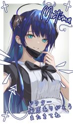 Rule 34 | 1girl, alternate costume, aqua eyes, arknights, black bow, black bowtie, black horns, black mask, blue hair, blue halo, bow, bowtie, character name, commentary request, cross, cross earrings, earrings, enmaided, grey background, halo, highres, horns, jewelry, kozeni isari, long hair, looking at viewer, maid, mask, mask pull, mostima (arknights), mouth mask, pulling own clothes, simple background, smile, translation request, upper body
