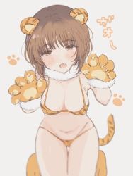 Rule 34 | 1girl, animal ears, animal hands, animal print, bikini, blurry, blush, breasts, brown eyes, brown hair, chinese zodiac, cleavage, commentary, fang, female focus, fur-trimmed gloves, fur collar, fur trim, girls und panzer, gloves, grey background, groin, half-closed eyes, highres, looking at viewer, medium breasts, momochi (mmc cmm), navel, nishizumi miho, open mouth, orange footwear, orange gloves, paw gloves, paw shoes, print bikini, short hair, simple background, smile, solo, standing, swimsuit, symbol-only commentary, thigh gap, tiger ears, tiger print, translated, year of the tiger