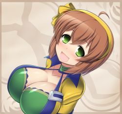Rule 34 | 1girl, ahoge, blush, border, breasts, brown hair, cleavage, collarbone, green eyes, hair between eyes, hairband, katami shinta, large breasts, long nose plier (ole tower), looking at viewer, looking up, ole tower, open mouth, short hair, solo, upper body