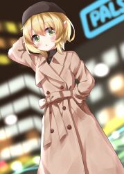 Rule 34 | 1girl, :o, alternate costume, black hat, black shirt, blonde hair, brown coat, brown sash, building, buttons, coat, dutch angle, green eyes, hand in own hair, hand in pocket, hat, highres, long sleeves, mizuhashi parsee, neon lights, night, outdoors, pointy ears, ruu (tksymkw), shirt, skyscraper, solo, touhou, turtleneck