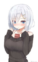 Rule 34 | 10s, 1girl, alternate costume, bare shoulders, between breasts, black sweater, blue bra, blue eyes, blush, bra, breasts, collarbone, eyebrows, eyes visible through hair, food, hair ornament, hair over one eye, hairclip, hamakaze (kancolle), highres, kantai collection, large breasts, long sleeves, looking at viewer, pinoaisu, pocky, ribbed sweater, short hair, silver hair, simple background, sleeves past wrists, solo, sweater, twitter username, underwear, upper body, white background
