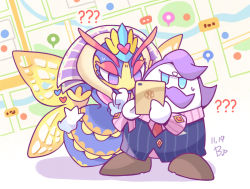 Rule 34 | 1boy, 1girl, ?, arthropod girl, beco (100me), bee, blue eyes, bug, cuff links, facial hair, formal, gloves, insect, insect wings, kirby: planet robobot, kirby: triple deluxe, kirby (series), map, max profitt haltmann, monster girl, mustache, nintendo, purple eyes, purple hair, queen sectonia, suit, sweatdrop, tablet, wasp, wings