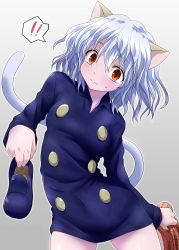 Rule 34 | !, !!, androgynous, animal ears, blush, brown eyes, cat ears, cat tail, gender request, highres, holding, hunter x hunter, nefelpitou, neferpitou, other focus, shoes, unworn shoes, short hair, shorts, unworn shorts, silver hair, solo, sweatdrop, tail, undressing, watarui