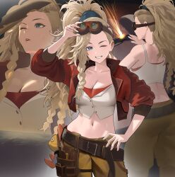 1girl belt blonde_hair blue_eyes braid breasts brown_belt brown_pants cleavage collarbone commentary cowboy_shot crop_top cropped_jacket gemma_(monster_hunter_wilds) goggles goggles_on_head hand_on_goggles hand_on_own_hip highres holding holding_knife hood_(james_x) jacket knife large_breasts looking_at_viewer midriff monster_hunter_(series) monster_hunter_wilds multiple_braids multiple_views navel no_jacket one_eye_closed open_clothes open_jacket pants ponytail red_jacket shirt smile sweatdrop white_shirt