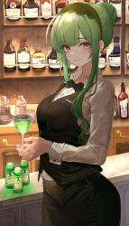 Rule 34 | 1girl, absurdres, alternate costume, asaikeu, bar (place), bartender, black bow, black bowtie, black skirt, black vest, blush, bottle, bow, bowtie, breasts, cup, green hair, hair bun, highres, holding, holding cup, indoors, light smile, long sleeves, looking at viewer, medium breasts, shirt, sidelocks, single hair bun, skirt, solo, touhoku zunko, vest, voiceroid, white shirt, wrist cuffs