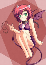 Rule 34 | 1girl, bat wings, breasts, chain, cleavage, collar, fang, green eyes, horns, luchi, medium breasts, red hair, skirt, solo, tail, wings