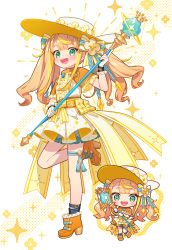 Rule 34 | 1girl, ankle belt, blonde hair, blue brooch, blue rope, boots, bow, brooch, capelet, chibi, chibi inset, commentary, english commentary, floral background, flower, frilled capelet, frilled gloves, frilled shirt, frilled skirt, frills, full body, gloves, green eyes, hat, hat flower, high heel boots, high heels, highres, holding, holding staff, jewelry, long hair, looking at viewer, multicolored hair, orange footwear, original, ribbon, rope, sash, shirt, sidelocks, simple background, skirt, solo focus, sparkle background, staff, standing, streaked hair, striped sash, sun hat, thigh strap, twintails, uchako, underskirt, white background, white bow, white gloves, white headwear, white ribbon, white sash, yellow bow, yellow capelet, yellow headwear, yellow ribbon, yellow sash