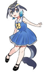 Rule 34 | 1girl, bare shoulders, black footwear, black hair, blonde hair, blowhole, blue dress, blue eyes, blue hair, bow, bowtie, cetacean tail, commentary request, common dolphin (kemono friends), dolphin girl, dorsal fin, dress, fins, fish tail, frilled dress, frills, full body, highres, kemono friends, mary janes, multicolored hair, pleated dress, sailor dress, shoes, short hair, sleeveless, solo, suicchonsuisui, tail, white hair, yellow bow, yellow bowtie