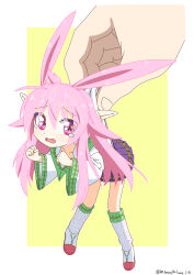 Rule 34 | 1girl, 1other, absurdres, animal ears, commentary request, copyright request, dated, full body, hair between eyes, highres, kimii (f07 harmony), kneehighs, long hair, long sleeves, mini person, minigirl, open mouth, pink hair, pleated skirt, pointy ears, purple eyes, purple skirt, ribbon-trimmed legwear, ribbon-trimmed sleeves, ribbon trim, shoes, skirt, socks, star (symbol), star in eye, symbol in eye, tears, twitter username, two-tone background, very long hair, wavy mouth, white background, white footwear, white socks, wide sleeves, yellow background