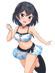 Rule 34 | 1girl, :d, absurdres, bare arms, bare legs, bare shoulders, barefoot, bikini, bikini skirt, black eyes, black hair, breasts, clenched hand, collarbone, foot out of frame, head wings, highres, kemono friends, looking at viewer, medium breasts, navel, open mouth, shiraha maru, short hair, simple background, smile, solo, superb bird-of-paradise (kemono friends), swimsuit, white background, wings