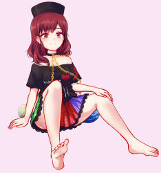 Rule 34 | 1girl, bare shoulders, barefoot, chain, clothes lift, clothes writing, feet, full body, hat, hecatia lapislazuli, long hair, multicolored clothes, multicolored skirt, off-shoulder shirt, off shoulder, pink background, red eyes, red hair, shirt, simple background, sitting, skirt, skirt lift, smile, solo, touhou, uranaishi (miraura)