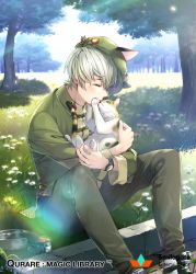 Rule 34 | 1boy, animal, animal hat, ayto, bad id, bad pixiv id, brown pants, bug, butterfly, cat, cat hat, closed eyes, copyright name, day, flower, grass, green hat, green jacket, hat, holding, holding animal, holding cat, insect, jacket, lens flare, male focus, official art, outdoors, pants, pet food, pin, qurare magic library, shoes, sitting, sneakers, solo, sunlight, tree, watch, white hair
