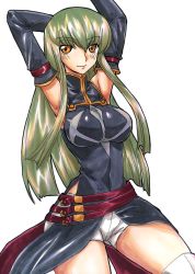 Rule 34 | 00s, 1girl, absurdres, alternate breast size, armpits, arms up, bare shoulders, belt, breasts, c.c., cleavage, code geass, green hair, highres, kikuta, large breasts, long hair, marker (medium), shiny skin, short shorts, shorts, simple background, smile, thighhighs, traditional media, white background