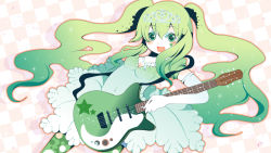 Rule 34 | 1girl, :d, arishiki, blush, breasts, checkered background, cleavage, dress, elbow gloves, gloves, gradient hair, green eyes, green hair, green pantyhose, guitar, hatsune miku, instrument, jewelry, long hair, matching hair/eyes, multicolored hair, necklace, open mouth, pantyhose, smile, solo, sparkle, tiara, twintails, vocaloid