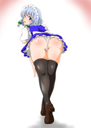 Rule 34 | 1girl, ass, ass focus, black thighhighs, blue eyes, blue skirt, blush, from behind, gradient background, hair ribbon, hand on thigh, highres, izayoi sakuya, lace, lace-trimmed panties, lace trim, leaning forward, looking at viewer, looking back, maid headdress, miniskirt, open mouth, panties, puffy short sleeves, puffy sleeves, ribbon, shiraue yuu, shoes, short sleeves, skindentation, skirt, solo, thighhighs, touhou, underwear, upskirt, white panties