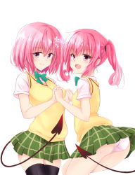 Rule 34 | 2girls, ass, black legwear, clothes lift, commentary request, demon tail, face-to-face, fang, female focus, flower, green skirt, hair flower, hair ornament, highres, holding hands, interlocked fingers, lifted by self, lifted by tail, long hair, momo velia deviluke, multiple girls, nana asta deviluke, open mouth, panties, pantyshot, pink eyes, pink hair, school uniform, shirt, short hair, short sleeves, siblings, simple background, sisters, skirt, skirt lift, smile, standing, sweater vest, tail, thighhighs, thighs, to love-ru, to love-ru darkness, toshizou (0714), twins, twintails, underwear, white background, white panties, white shirt, yellow sweater vest, zettai ryouiki