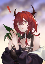 Rule 34 | !, 1girl, absurdres, arknights, bare shoulders, blurry, blurry background, breasts, chinese commentary, cleavage, collarbone, commentary request, food, food on face, hair between eyes, hair intakes, halterneck, highres, holding, holding food, horns, jacket, large breasts, long sleeves, looking at viewer, medium hair, off shoulder, open clothes, open jacket, open mouth, pink eyes, purple jacket, red hair, rice, rice on face, solo, strap, surtr (arknights), upper body, yiyanbanshengchou