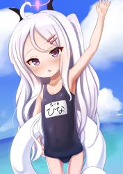 Rule 34 | 1girl, arm up, black one-piece swimsuit, blue archive, blue sky, blush, cloud, cloudy sky, collarbone, commentary request, covered navel, day, hair between eyes, hair ornament, hairclip, halo, highres, hina (blue archive), hina (swimsuit) (blue archive), horizon, horns, innertube, long hair, name tag, neko miyabi (artist), ocean, old school swimsuit, one-piece swimsuit, one side up, outdoors, parted bangs, parted lips, partial commentary, purple eyes, school swimsuit, sky, solo, swim ring, swimsuit, very long hair, water, white hair