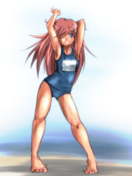 Rule 34 | 1girl, aozora p, armpits, arms up, barefoot, blue eyes, breasts, brown hair, full body, hair ornament, hairclip, katou marika, long hair, miniskirt pirates, one-piece swimsuit, school swimsuit, small breasts, solo, sweat, swimsuit, tan, wink