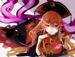 Rule 34 | 1girl, blonde hair, brown hair, hat, junko (touhou), licking, licking finger, long hair, looking at viewer, lying, on stomach, one-hour drawing challenge, red eyes, satou pote, satoupote, shadow, simple background, solo, tail, touhou, wavy hair