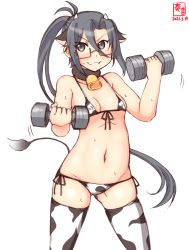 Rule 34 | 1girl, alternate costume, amagiri (kancolle), animal ears, animal print, artist logo, bell, bikini, breasts, commentary request, cow ears, cow girl, cow horns, cow print, cow tail, cowbell, dated, dumbbell, exercising, glasses, grey eyes, grey hair, grin, hair between eyes, highres, horns, kanon (kurogane knights), kantai collection, long hair, looking at viewer, navel, neck bell, one-hour drawing challenge, ponytail, print bikini, print thighhighs, simple background, small breasts, smile, solo, standing, sweat, swimsuit, tail, thighhighs, tsurime, very long hair, weightlifting, white background