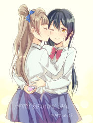 Rule 34 | 2girls, arm behind back, bad id, bad pixiv id, blue hair, bow, bowtie, brown eyes, closed eyes, closed mouth, commentary request, hair between eyes, hand on another&#039;s cheek, hand on another&#039;s face, long hair, long sleeves, looking at another, love live!, love live! school idol project, mechiko (mmttkknn), minami kotori, multiple girls, one eye closed, one side up, otonokizaka school uniform, red neckwear, school uniform, shirt, simple background, smile, sonoda umi, white shirt, yellow eyes, yuri