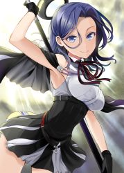 Rule 34 | 1girl, armpits, black capelet, black gloves, black hair, blue eyes, bow, bowtie, capelet, commentary request, gloves, halo, holding, kantai collection, leaning forward, looking at viewer, mechanical halo, pleated skirt, polearm, school uniform, short hair, skirt, smile, solo, tatsuta (kancolle), tatsuta kai ni (kancolle), weapon, yunamaro
