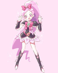 Rule 34 | 1girl, alternate color, alternate costume, bad id, bad pixiv id, black footwear, blush, boots, bow, brooch, cosplay, cure black, cure blossom, fusion, hanasaki tsubomi, heart, heart brooch, heartcatch precure!, knee boots, long hair, magical girl, open mouth, pink bow, pink eyes, pink hair, ponytail, precure, satogo, solo, very long hair