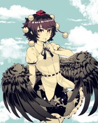 Rule 34 | 1girl, black hair, black skirt, blue background, cloud, commentary request, cowboy shot, day, feathered wings, finger to mouth, frills, hand up, hat, highres, looking at viewer, natsushiro, neck ribbon, pointy ears, pom pom (clothes), print skirt, red eyes, red hat, ribbon, shameimaru aya, shirt, short hair, short sleeves, skirt, sky, solo, spot color, tengu, tokin hat, touhou, white shirt, wings