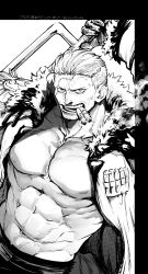 Rule 34 | 1boy, abs, absurdres, bara, bare pectorals, cigar, coat, cowboy shot, facial hair, frown, goatee, highres, large pectorals, male focus, mature male, muscular, muscular male, navel, nowosuke, one piece, open clothes, open coat, over shoulder, pectorals, short hair, sideburns, smoker (one piece), smoking, solo, stomach, stubble, weapon, weapon over shoulder
