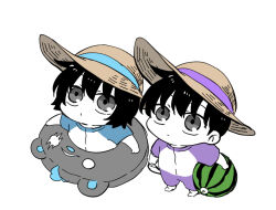 1boy 8mo10 aged_down ball beachball black_hair chibi child food grey_eyes hair_between_eyes hat holding_floatie ice_cream inflatable_armbands looking_up male_focus short_hair simple_background solo_leveling sun_hat sung_jin-woo swimsuit tusk_(solo_leveling)