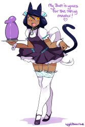 Rule 34 | 1boy, animal ears, bad id, bad pixiv id, black hair, cat boy, cat ears, cat tail, collar, crossdressing, dark-skinned male, dark skin, dildo, dress, english text, fang, garter straps, high heels, highres, huge dildo, lightsource, male focus, mary janes, murasaki (lightsource), open mouth, original, sex toy, shoes, smile, solo, tail, thighhighs, trap, tray, white thighhighs, wrist cuffs, yellow eyes
