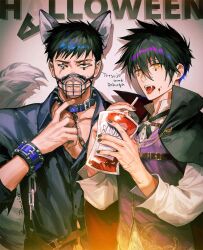 Rule 34 | 2boys, animal collar, animal ears, black cape, black hair, black nails, black shirt, blood, blood on face, bracelet, cape, chain, chain leash, collar, collared cape, collared shirt, dog mask, dokuga, dorohedoro, drinking straw, eye tattoo, halloween, highres, jewelry, juice box, leash, long sleeves, looking at viewer, male focus, multiple boys, nail polish, orange eyes, panco, purple sweater vest, scar, scar across eye, shirt, short hair, signature, spiked bracelet, spiked collar, spikes, sweatdrop, sweater vest, tail, tetsujo, tongue, tongue out, upper body, vampire, wolf ears, wolf tail