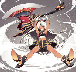 Rule 34 | 1girl, absurdres, axe, battle axe, boots, dark-skinned female, dark skin, gloves, hat, highres, holding above head, kyousin, long hair, looking at viewer, midriff, phantom of the kill, red eyes, smile, solo, very long hair, weapon, white gloves, white hair