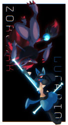 Rule 34 | 2boys, animal ears, animal hands, arm up, black background, black fur, black hair, blue eyes, blue fur, body fur, bone, border, character name, chromatic aberration, claws, closed mouth, creatures (company), english text, eye contact, fangs, fight, furry, furry male, game freak, gen 4 pokemon, gen 5 pokemon, glowing, grey fur, hands up, happy, highres, holding, holding bone, iogi (iogi k), leg up, light trail, long hair, looking at another, looking down, looking up, lucario, male focus, multicolored hair, multiple boys, nintendo, open mouth, pokemon, pokemon (creature), red eyes, red hair, rotational symmetry, simple background, smile, snout, spikes, standing, standing on one leg, symmetry, two-tone hair, upside-down, very long hair, white border, wolf boy, wolf ears, yellow fur, zoroark