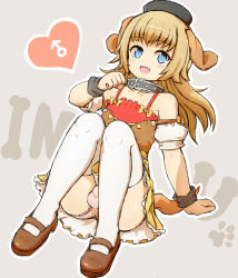 Rule 34 | 1boy, :d, animal ears, arm support, black collar, black hat, blue eyes, blush, bow, brown footwear, brown shirt, bulge, camisole, clenched hand, collar, detached sleeves, dog boy, dog ears, dog tail, fang, frilled camisole, frilled skirt, frills, full body, grey background, hand up, hat, heart, high-waist skirt, highres, knees up, komito, light brown hair, long hair, looking at viewer, mars symbol, mary janes, off shoulder, open mouth, original, outline, panties, paw print, puffy short sleeves, puffy sleeves, red camisole, shirt, shoes, short sleeves, sitting, skirt, smile, solo, spaghetti strap, tail, thighhighs, trap, underwear, white outline, white panties, white sleeves, white thighhighs, wristband, yellow bow, yellow skirt