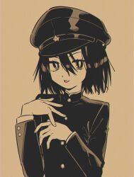 Rule 34 | 1girl, akitsu maru (kancolle), black eyes, black hair, black hat, brown background, buttons, gakuseibou, gloves, hair between eyes, hat, highres, kantai collection, long sleeves, menma (enaic31), military, military hat, military uniform, open mouth, peaked cap, short hair, simple background, solo, uniform, upper body, white gloves