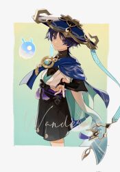 Rule 34 | 1boy, bishounen, blue eyes, blue hair, cowboy shot, genshin impact, hat, highres, japanese clothes, looking at viewer, male focus, reaching, reaching towards viewer, scaramouche (genshin impact), scarf, short hair, shorts, simple background, smile, solo, touxin 0316, vision (genshin impact), wanderer (genshin impact)