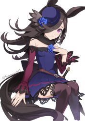 Rule 34 | 1girl, animal ears, black hat, black thighhighs, blue dress, blue flower, blue rose, brown hair, cropped legs, dagger, dress, feet out of frame, flower, hair over one eye, hat, hat flower, horse ears, horse girl, horse tail, knife, long hair, long sleeves, off-shoulder dress, off shoulder, purple eyes, rice shower (umamusume), rose, sheath, sheathed, simple background, solo, tail, tanaka masayoshi, thighhighs, tilted headwear, twitter username, umamusume, weapon, white background