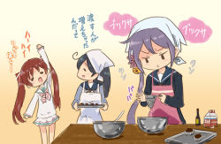 Rule 34 | 10s, 3girls, ahoge, akebono (kancolle), apron, arm up, bell, check translation, chocolate making, commentary request, cooking, closed eyes, flower, hair bell, hair flower, hair ornament, hair ribbon, jingle bell, kantai collection, kerchief, libeccio (kancolle), milk, miniskirt, mixing bowl, multiple girls, partially translated, pursed lips, ribbon, saiguchi otoufu, school uniform, serafuku, side ponytail, skirt, sweater, translation request, twintails, ushio (kancolle), valentine