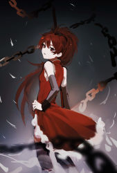 Rule 34 | 1girl, ahivemind, antenna hair, black bow, black thighhighs, blurry, blurry foreground, bow, chain, detached sleeves, dress, floating hair, grey background, grey sleeves, hair between eyes, hair bow, hand on own hip, highres, long hair, long sleeves, magical girl, mahou shoujo madoka magica, mahou shoujo madoka magica (anime), parted lips, polearm, ponytail, red dress, red eyes, red hair, sakura kyoko, sketch, sleeveless, sleeveless dress, solo, thighhighs, very long hair, weapon