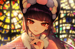 Rule 34 | 1girl, black hair, blunt bangs, bonnet, capelet, chinese clothes, chinese knot, closed mouth, commentary request, fur trim, genshin impact, looking at viewer, ojo aa, pink capelet, pom pom (clothes), red eyes, solo, straight hair, twitter username, upper body, yun jin (genshin impact)