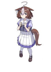 Rule 34 | 1girl, :&lt;, @ @, absurdres, ahoge, animal ears, blush, bow, brown footwear, brown hair, closed mouth, commentary request, ear ribbon, ears down, full body, hair between eyes, highres, horse ears, horse girl, horse tail, loafers, looking at viewer, meisho doto (umamusume), mimi e777, multicolored hair, puffy short sleeves, puffy sleeves, purple bow, purple eyes, purple ribbon, purple shirt, ribbon, school uniform, shirt, shoes, short sleeves, simple background, skirt, smile, solo, streaked hair, summer uniform, tail, thighhighs, tracen school uniform, umamusume, white background, white hair