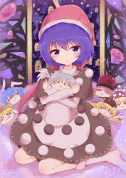 Rule 34 | 1girl, absurdres, animal ears, bed, black dress, black hat, blonde hair, blue hair, blush, brown hat, clownpiece, crescent, dango, doremy sweet, dress, energy, food, grey hair, hair between eyes, hands up, hat, hecatia lapislazuli, highres, house, hug, jester cap, junko (touhou), kishin sagume, legacy of lunatic kingdom, long hair, looking at another, looking to the side, no shoes, on bed, open mouth, phoenix crown, pink hair, pink hat, polka dot, pom pom (clothes), purple eyes, purple hair, rabbit ears, red hat, ringo (touhou), seiran (touhou), seiza, short sleeves, single wing, sitting, smile, socks, solo, stuffed toy, teeth, tomoe (fdhs5855), touhou, toy, wagashi, white dress, white eyes, white socks, window, wings